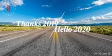 An open road and clear blue skies with the words Thanks 2019, Hello 2020 superimposed