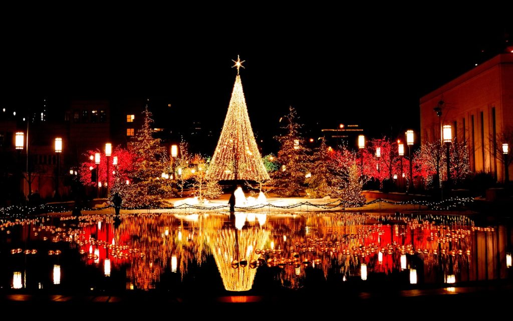 A bright Christmas tree made completely out of lights, among numerous other lit up trees, reflecting off still water in the foreground