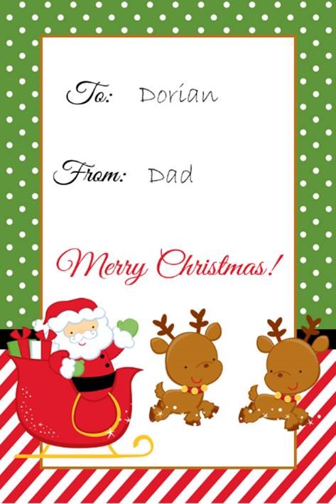 Christmas gift tag that shows "To: Dorian" and "From: Dad"
