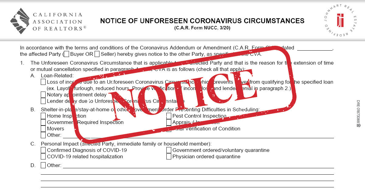 Notice of Unforseen Coronavirus Circumstances with a red "NOTICE" stamp overlayed.