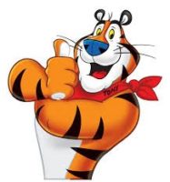 frosted flakes' tony the tiger orange tiger with black stripes and white face and stomach with a red bandanna blue nose and yellow eyes is holding his thumb up with an open mouth smile and red tongue in front of a white background