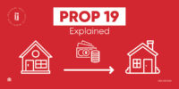 California's Proposition 19 explained. Red backgroudn with two white homes, cartoon-style.
