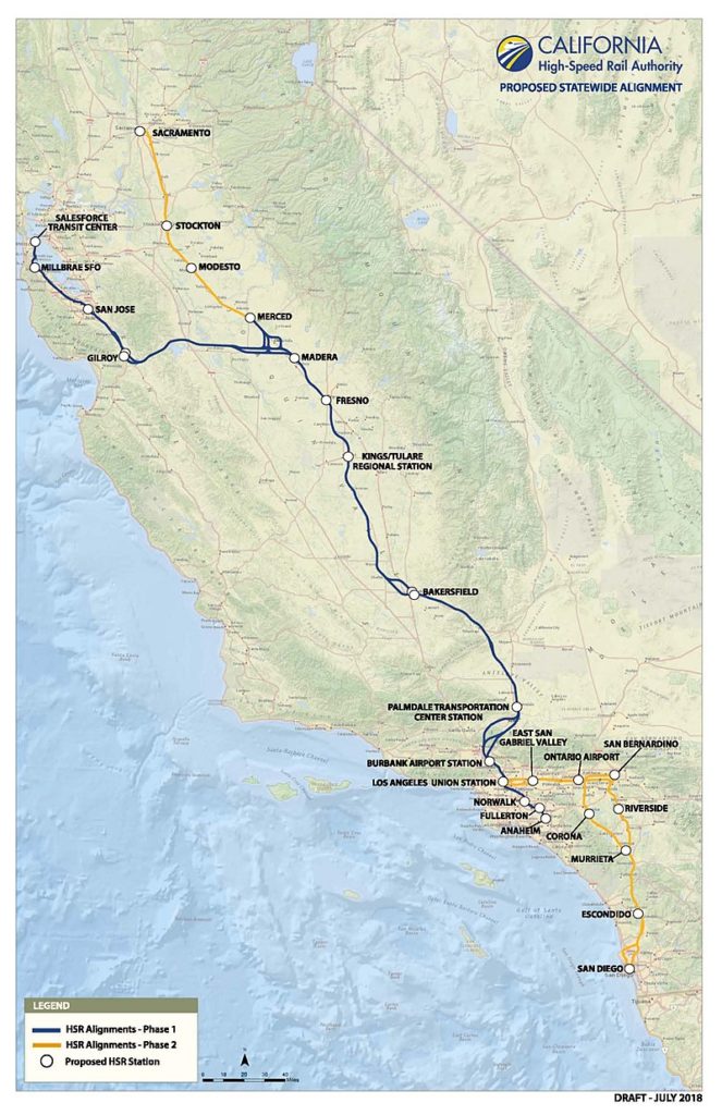 California's bullet train is split into Phase I in blue and Phase II in yellow