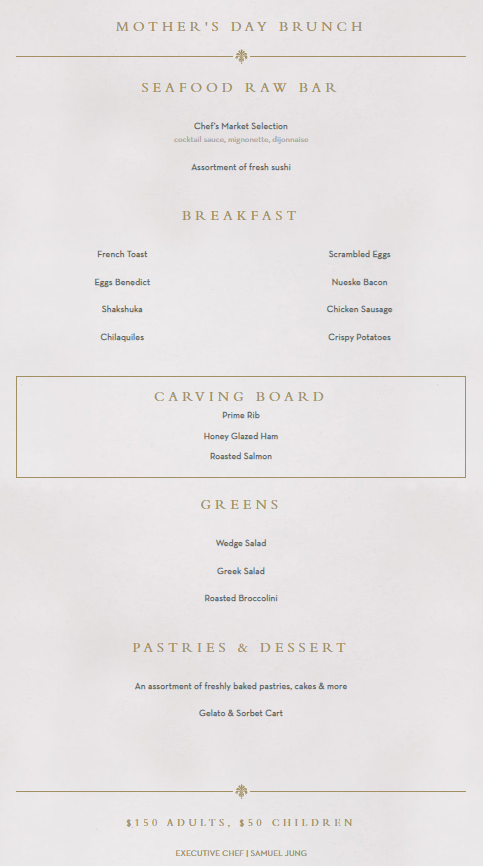 Los Angeles' restaurant Baltaire displays their Mother's Day menu for the year 2023. 