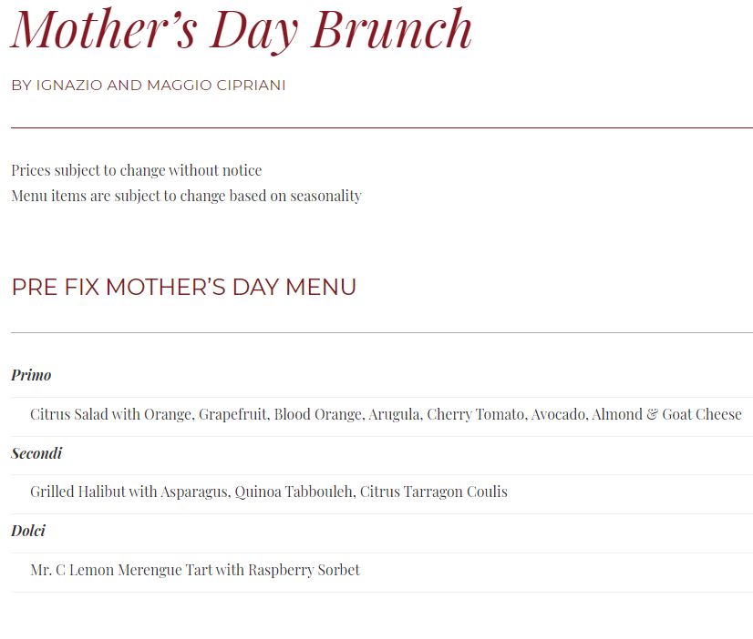 Mother's Day menu at Mr. C's in Beverly Hills. 