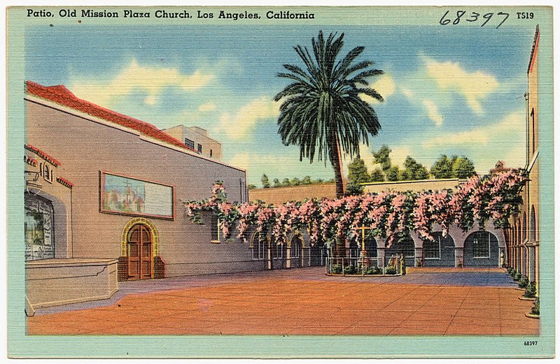 postcard depicting a palm tree in los angeles old mission plaza church