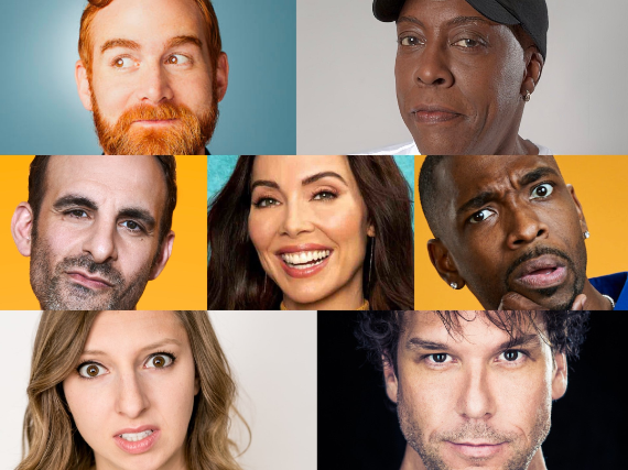 A photo collage of multiple comedians who are playing a show at the Hollywood Improv in Los Angeles, CA including Whitney Cummings, Arsenio Hall, and Dane Cook. 